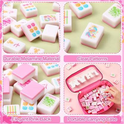 Soulchen American Mahjong Tiles Accessories Set 160 Pieces 1.2 Inches American Mahjong Tiles Game Set with Waterproof PVC Clear Zippered Storage Holder Bag for Game Lover Gift(Hot Pink) - color: Hot Pink, style: Flowers