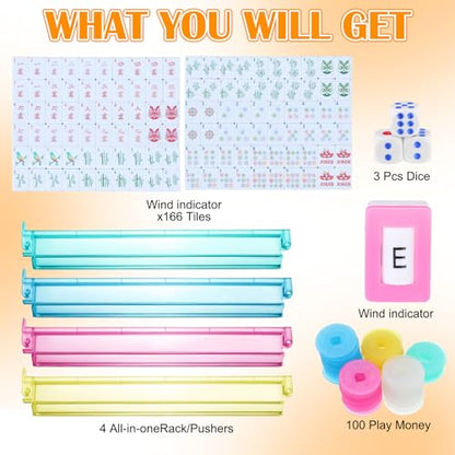 Ceenna American Mahjong Set Complete 160 Pcs Tile/Pushers/Carrying Bag/dice/Chips, 1.2 Inch Green Back Melamine Mahjong Tiles, Hand Carved Pattern for Adult Mah Jong, Beginners(Cute) - style: Cute