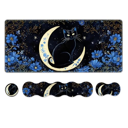 AIMSA Keyboard Wrist Rest Large Mouse Pad Wrist Support, Black Cat Keyboard Pad Desk Mat Combo, Ergonomic Memory Foam Wrist Support Cushion for Home Office - color: Black Cat Moon