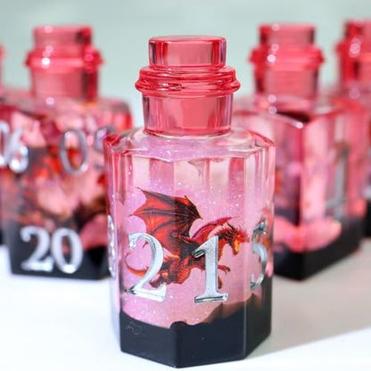XENOLUX Potion Bottle DND Dice Set with Flying Dragon, Sharp Edge Resin Polyhedral Dice for Dungeons and Dragons Tabletop Games, Smoky Liquid Effect 7-Piece Set with Storage Tin - BOT4 - color: Bot4
