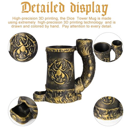 Dice Tower Mug, Dice Rolling Tower, Comes with 7 PCS Dice Set, Suitable for DND Dungeons and Dragons, Tabletop Games, Available As Drink Holder, D&D Gifts, DND Accessories (Gold) - color: Gold