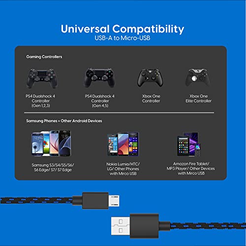 TalkWorks Long Controller Charging Cable for PlayStation 4-10-Foot Long Braided Micro USB Cord Charger Cord for PS4 Controller - Blue-Black, 2 Pack