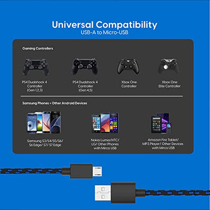 TalkWorks Long Controller Charging Cable for PlayStation 4-10-Foot Long Braided Micro USB Cord Charger Cord for PS4 Controller - Blue-Black, 2 Pack