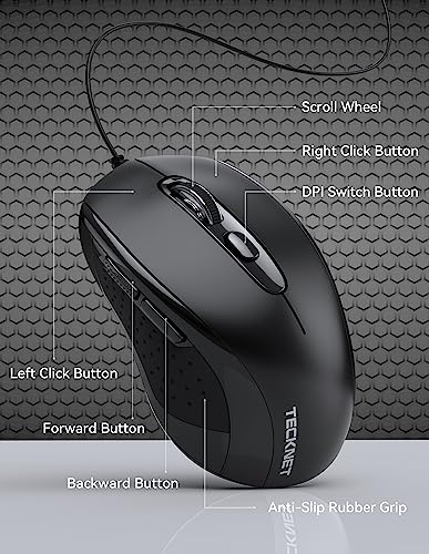 TECKNET Wired Mouse, USB Wired Computer Mice, 3600DPI 4 Adjustable Levels, 6-Button Ergonomic Mouse for Laptop PC Desktop Notebook - Black - color: Black