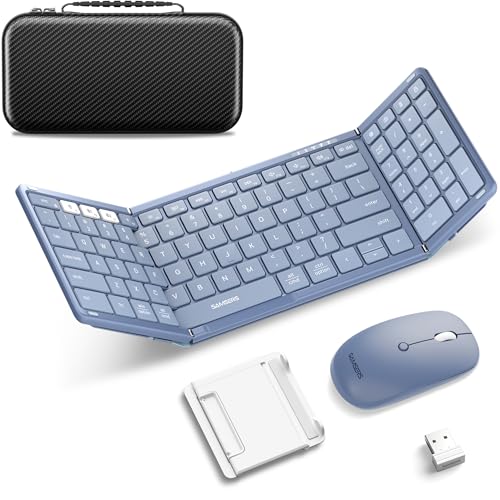Foldable Keyboard and Mouse, Samsers Folding Bluetooth Keyboard Combo, 2.4G + BT5.0 x 2, Full-Size Portable Travel Keyboard & Rechargeable Wireless Mouse for Windows Android iOS Mac OS, Young Blue - color: Light Blue