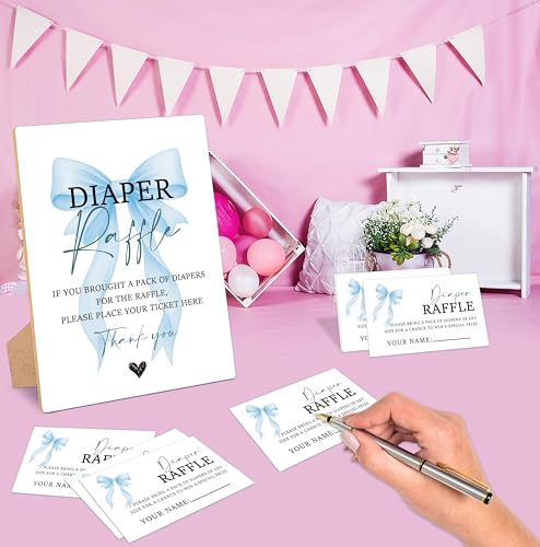 Blue Bow Baby Shower Diaper Raffle, Pack of 1 Wooden Tabletop Sign with Stand and 50 Diaper Raffle Tickets, Blue Coquette Bow Baby Shower Game, Gender Reveal Party Decorations - FS02 - color: Diaper Raffle