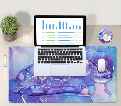 4-in-1 Gaming Mouse Pad Wrist Support Set，Desk Pad + Mouse Pad with Wrist Rest + Keyboard Wrist Rest + Coaster, Ergonomic Design for Home Office Study Game - Purple Marble - color: 4 Pcs Purple Marble