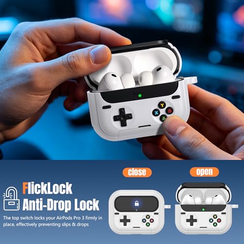 Getino Retro Game Case for AirPods Pro 3 | Game Console Design Protective Cover with Foldable Stand, Secure Lock Anti-Drop Shockproof PC+TPU Case, Keychain & Cleaning Kit for Men & Boys, White - color: White