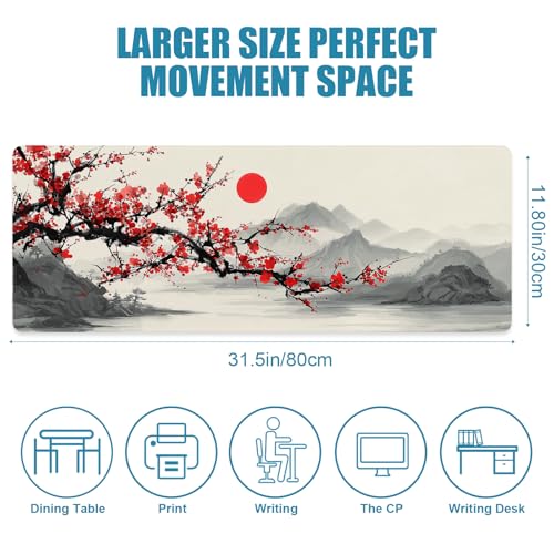 Japanese Large Gaming Mouse Pad, Desk Mat, XL Extended Mousepad with Non-Slip Rubber Base, Big Computer Keyboard Mat for Gamers, Office&Home, 31.5x11.8in, Plum Blossom - color: Plum Blossom