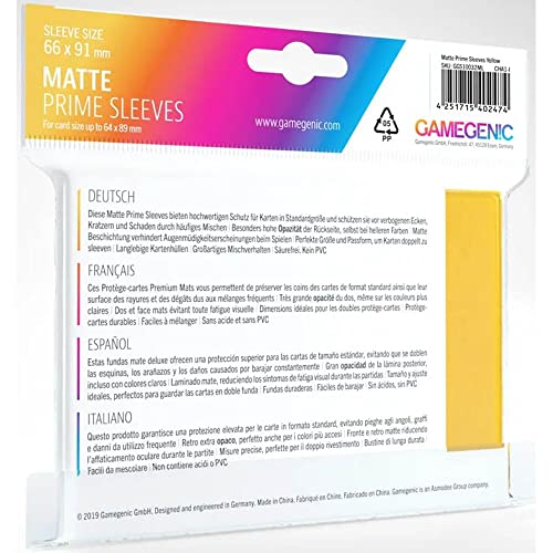 Matte Prime Standard-Sized Card Sleeves | 100 Pack of 66 mm by 91 mm Card Sleeves | Premium Quality Card Game Holder | Use with TCG and LCG Games | Yellow Color | Made by Gamegenic - color: Yellow, size: 66 x 91 mm