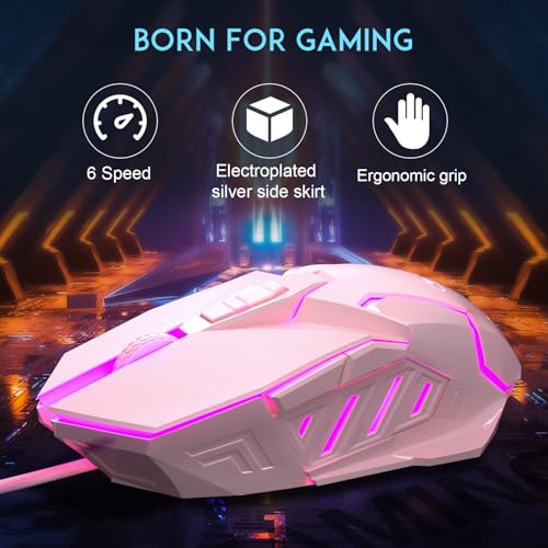 MageGee G10 Gaming Mouse Wired, 7 Colors Breathing LED Backlit Gaming Mouse, 6 Adjustable Speeds, Ergonomic Optical Computer Mouse with 7 Buttons for Windows PC Gamers - color: pink