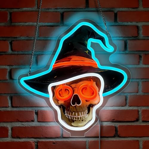 LED Halloween Skull Neon Sign Light Up Skull Wizard's Hat Lights Lighted Horror Neon Signs with Base for Bedroom Dorm Hallway Garage Man Cave Bar Gaming Room Wall Decor Desktop Counter Art or Gifts - color: Skull01