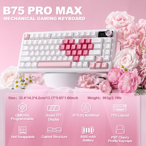 YUNZII B75 PRO MAX QMK/VIA Wireless Mechanical Keyboard | 75% Layout with Screen and Knob, Custom Hot Swap, Gasket, Creamy Switches, for Win/Mac(White Heart,Candy Switch) - color: White Heart, size: Candy Switch