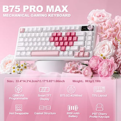 YUNZII B75 PRO MAX QMK/VIA Wireless Mechanical Keyboard | 75% Layout with Screen and Knob, Custom Hot Swap, Gasket, Creamy Switches, for Win/Mac(White Heart,Candy Switch) - color: White Heart, size: Candy Switch
