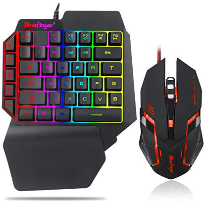 One Hand RGB Gaming Keyboard and Backlit Mouse Combo, USB Wired Rainbow Letters Glow Single Hand Mechanical Feeling With Wrist Rest Support, Gaming Set for Game