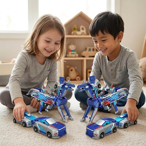 Collision Transforming Dinosaur Car Toy, 2-in-1 Magnetic Cars Convert to Dinosaur Robot, Crash-Activated Deformation, Mother's Day Birthday Gift for Boys Girls Age 3-12 (Blue) + 2 Dino Stickers - color: Blue