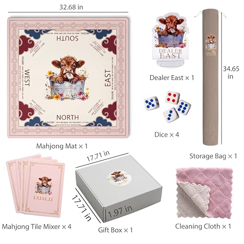 Pink Mahjong Mat with Carrying Bag and Accessories for Game Night | 32.68x32.68 inch, highland cow pattern, waterproof surface, non slip rubber base, noise dampening fabric, rules, dice - color: Pink