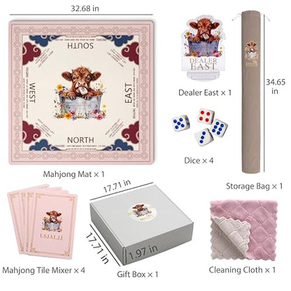 Pink Mahjong Mat with Carrying Bag and Accessories for Game Night | 32.68x32.68 inch, highland cow pattern, waterproof surface, non slip rubber base, noise dampening fabric, rules, dice - color: Pink