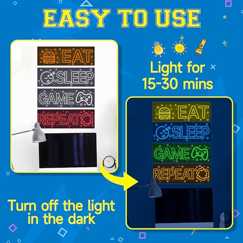 4 Pcs Glow in The Dark Neon Game Wall Stickers, Boys Gamer Room Wall Decals, EAT Sleep Game Repeat Gaming Sticker, Kids Bedroom PlayRoom Nursery Decor, Blue - color: Luminescent-043wscp-multi
