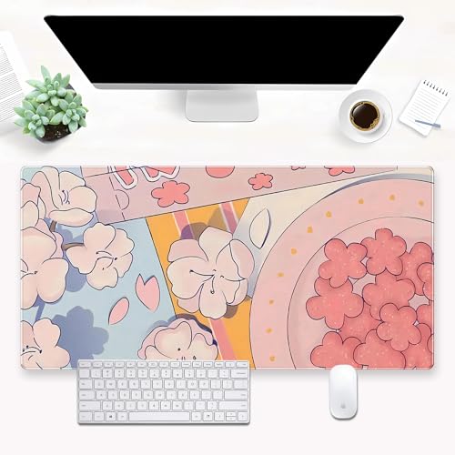 Pink Sakura Desk Mat, Kawaii Floral XXL Large Gaming Mouse Pad | Cute pink cherry blossom desk pad with thick 3mm cushion, smooth cloth surface, and non-slip rubber core. - color: Cute Flowers Food