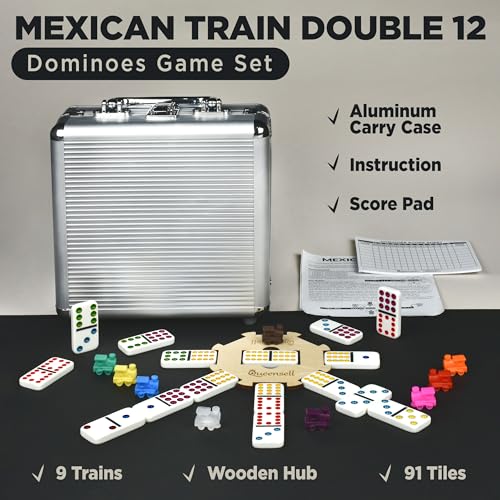 Queensell Mexican Train Dominoes Set with Wooden Hub, Domino Tile Board Games - Double 12 Dominos Set for Family Game Night for Adults and Kids Ages 8 and up (Double 12) - style: Double 12