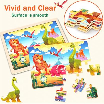 Wooden Puzzles for Kids Ages 4-6, 24 Pieces Dinosaur, Undersea, Wildlife, Farm Jigsaw Puzzles for Kids Ages 3-5. 4 Pack Toddler Puzzles Toys for Boys and Girls Ages 3,4,5,6 Year Old - color: Dinosaur+sea+animal+farm