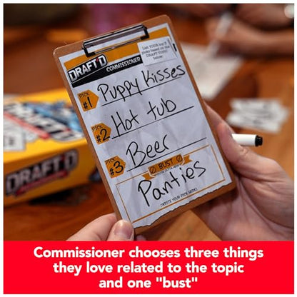 Spin Master Games, Draft’d, Competitive Drafting Party Game with Hilarious Prompts for College Nights, Football Watch Parties, Happy Hour Activity, for Teens & Adults, 3-5 Players, for Ages 14 & Up - style: Draft’d