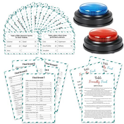Christian Bible Friendly Feud Game with 2 Buzzers Religious Trivia Quiz Card Board Game Night Church Group Fun Bible Trivia Games for Adults Family Holiday Party Office Class Team Building Activity