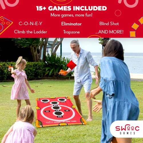 Swooc Games - Coney Island Toss™ - Arcade Style Cornhole Board Set w/Carrying Case & 15+ Games - Corn Hole Games for Adults - Kids Bean Bag Toss Game - Kids Cornhole Set w/Bags - Outdoor Yard Games