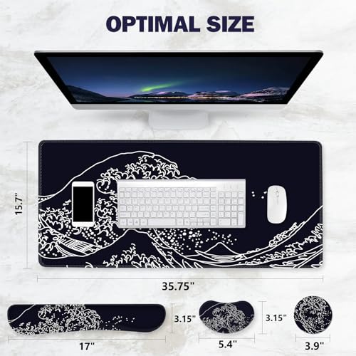 ToLuLu Extended Gaming Mouse Pad, Memory Foam Ergonomic Keyboard Mouse Wrist Rest Support Set, Large Desk Mat with Stitched Edges, Non-Slip Base Mousepad for Home Office Game, Black Wave of Kanagawa - color: Black Wave of Kanagawa
