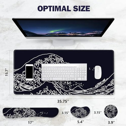 ToLuLu Extended Gaming Mouse Pad, Memory Foam Ergonomic Keyboard Mouse Wrist Rest Support Set, Large Desk Mat with Stitched Edges, Non-Slip Base Mousepad for Home Office Game, Black Wave of Kanagawa - color: Black Wave of Kanagawa