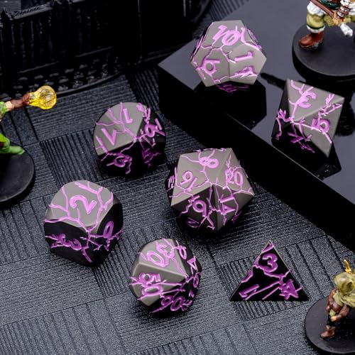 D&D Metal Dice Set with Gift Case, Polyhedral Dice for RPG with Cracks, Sharp Edge - color: Matt Black Purple