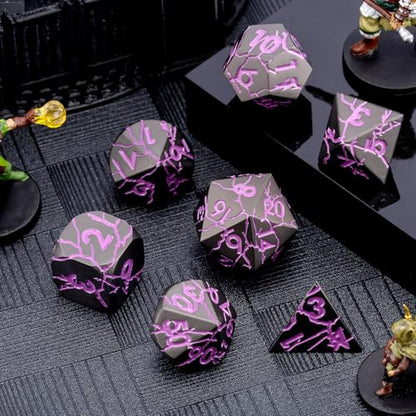 D&D Metal Dice Set with Gift Case, Polyhedral Dice for RPG with Cracks, Sharp Edge - color: Matt Black Purple