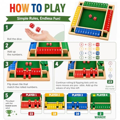 Winzwon Shut The Box Game, Wooden Family Board Game for 2-4 Players | Classic Wooden Dice Game for Kids and Adults, Ideal for Family Game Night, Classrooms, Travel, Camping, Parties and Pubs