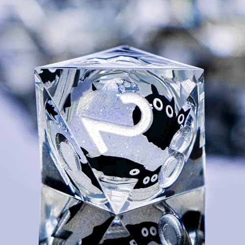 DND Cat Dice Set Silvery White Sharp Edge Dice with Box, RPG D and D Dice Dungeons Dragons Role Playing Game Polyhedral Resin Dice Set D20 D12 D10 D8 D6 D4 - color: Silver White