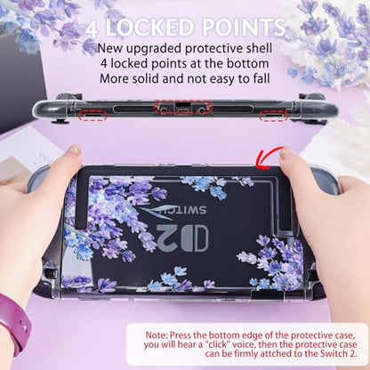 DLseego Protective Case Flower Floral Clear Switch 2 (2025), Detachable Joy-Handle Protective Case 2-Piece Split Full Wrap PC Hard Shell Anti-Scratch All-Round Protection Cover, Lavender, Purple - color: Purple 2