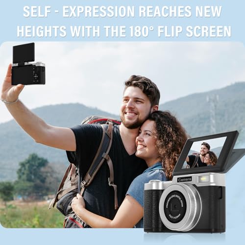 Yatao Digital Cameras for Photography and Vlogging, 4K 64MP Flip Screen, Use with LED Light, 64GB TF Card, Compact Photo WiFi Camera for YouTube Kit Travel, Beginners (Silver-Black)