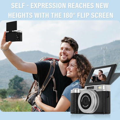 Yatao Digital Cameras for Photography and Vlogging, 4K 64MP Flip Screen, Use with LED Light, 64GB TF Card, Compact Photo WiFi Camera for YouTube Kit Travel, Beginners (Silver-Black)