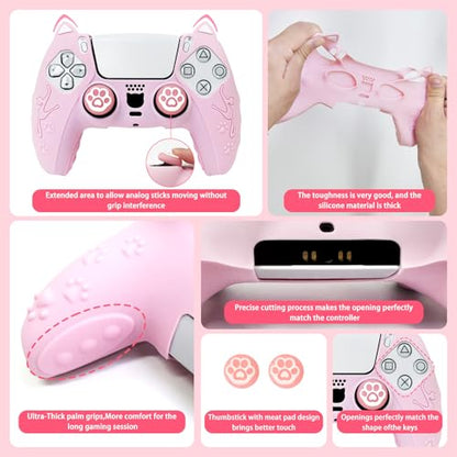 Pink Cat Ear PS5 Controller Cover - Cute Silicone Skin with Cat & Paw Prints + 2 Matching Cat Paw Thumbstick Caps | Kawaii Non-Slip Grip for PlayStation 5 Controller - color: Light Pink