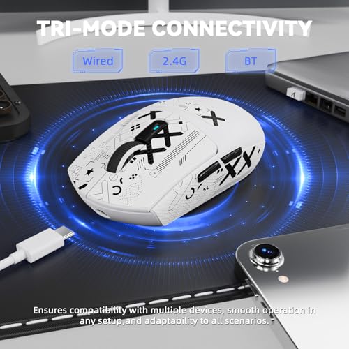 MAMBASNAKE ATTACK SHARK G3PRO Wireless Gaming Mouse with RGB Magnetic Charging Dock,Tri-Mode-2.4G/USB-C Wired/BT, 25K DPI,PAW3311 Optical Sensor,59g Ultra Lightweight,Slip Grip Tape for PC/Mac(White) - color: White & Griptape