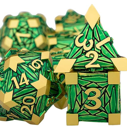 Metal DND Dice Set with Box, Debris RPG Green Golden D and D Dice for use with D&D Tabletop Games Role Playing Game Polyhedral Dice Set D20 D12 D10 D8 D6 D4 - color: Green Gold