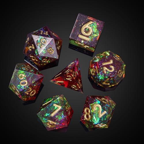 7PCS DND Dice Set,Handmade Sharp Edge Dice Set D&D RPG Polyhedral Die,for Dungeons and Dragons TTRPG Games Roleplaying Games Pathfinder,with Gift Box(Green with Red) - color: Starry Sky(green With Red)
