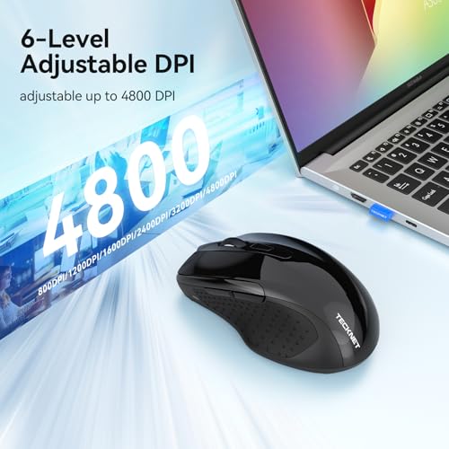TECKNET Rechargeable Jiggler Wireless Mouse, Dual-Mode Connectivity, Black | Silent USB A & Bluetooth Mouse, 6 Adjustable DPI, 6 Buttons, Ergonomic Design, Long Battery Life, Multi-Device Compatibility - color: Black