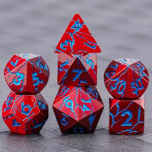 Sharp Edge Metal DND Dice Set with Cracks, Polyhedral Dice Set for RPG D&D Dice with Cracks Dungeons and Dragons Dice Set - color: Red and Blue