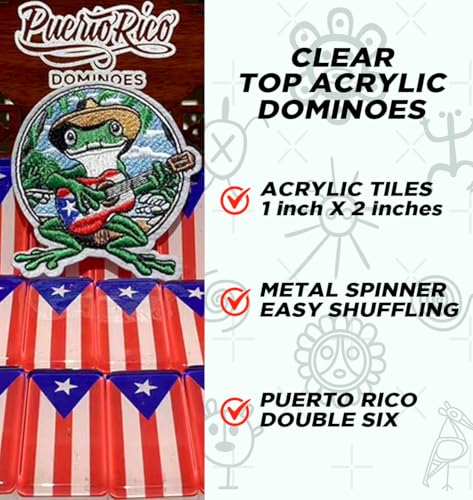 PRK 14 Premium Edition Puerto Rican Dominoes Set Deluxe – Double Six Domino Adult Tiles with Puerto Rico Flag Design – Resin & Clear Top Acrylic – Classic Artisan Wooden Storage Case Included