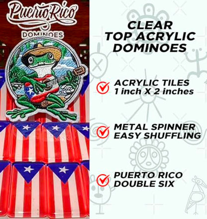 PRK 14 Premium Edition Puerto Rican Dominoes Set Deluxe – Double Six Domino Adult Tiles with Puerto Rico Flag Design – Resin & Clear Top Acrylic – Classic Artisan Wooden Storage Case Included