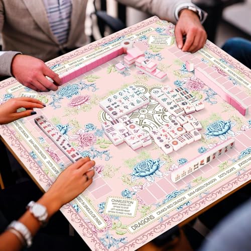 party greeting Chinoiserie Mahjong Mat with Black Carrying Bag 31.5 x 31.5 in Multi Purpose Game Table Cover Anti Slip and Noise Reduction for Mahjong Poker Board Card Dominoes Games(Pink Blue Green) - color: Pink Blue Green