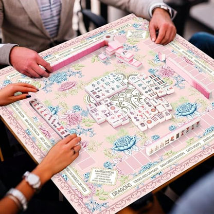 party greeting Chinoiserie Mahjong Mat with Black Carrying Bag 31.5 x 31.5 in Multi Purpose Game Table Cover Anti Slip and Noise Reduction for Mahjong Poker Board Card Dominoes Games(Pink Blue Green) - color: Pink Blue Green