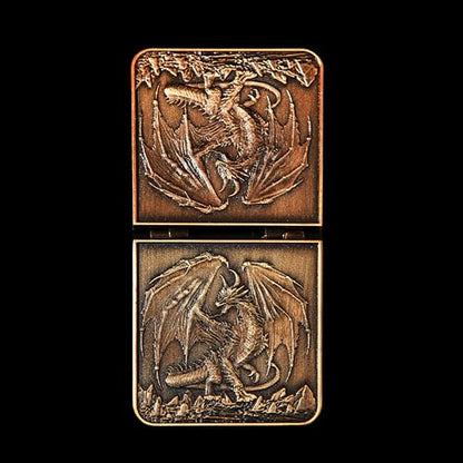 7 in 1 Spinner Metal DND Dice Set subitable for Dungeons & Dragons –Hand-Carved Dragon Design in Magnetic Iron Box （Copper） - color: Openable-copper