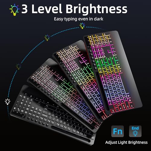 Hamile Wireless Keyboard and Mouse Combo:RGB Backlit Effects,Ergonomic Full Size Silent Keyboard,Wrist Rest,2.4G Rechargeable with Phone Holder Compatible with Windows, Mac,PC,Laptop, Black